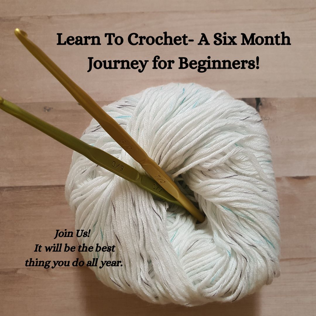 Learn to Crochet -- A Six Month Journey for Beginners at The Endless Skein. Join us! It will be the best thing you do all year. Picture shows a ball of yarn with crochet hooks.