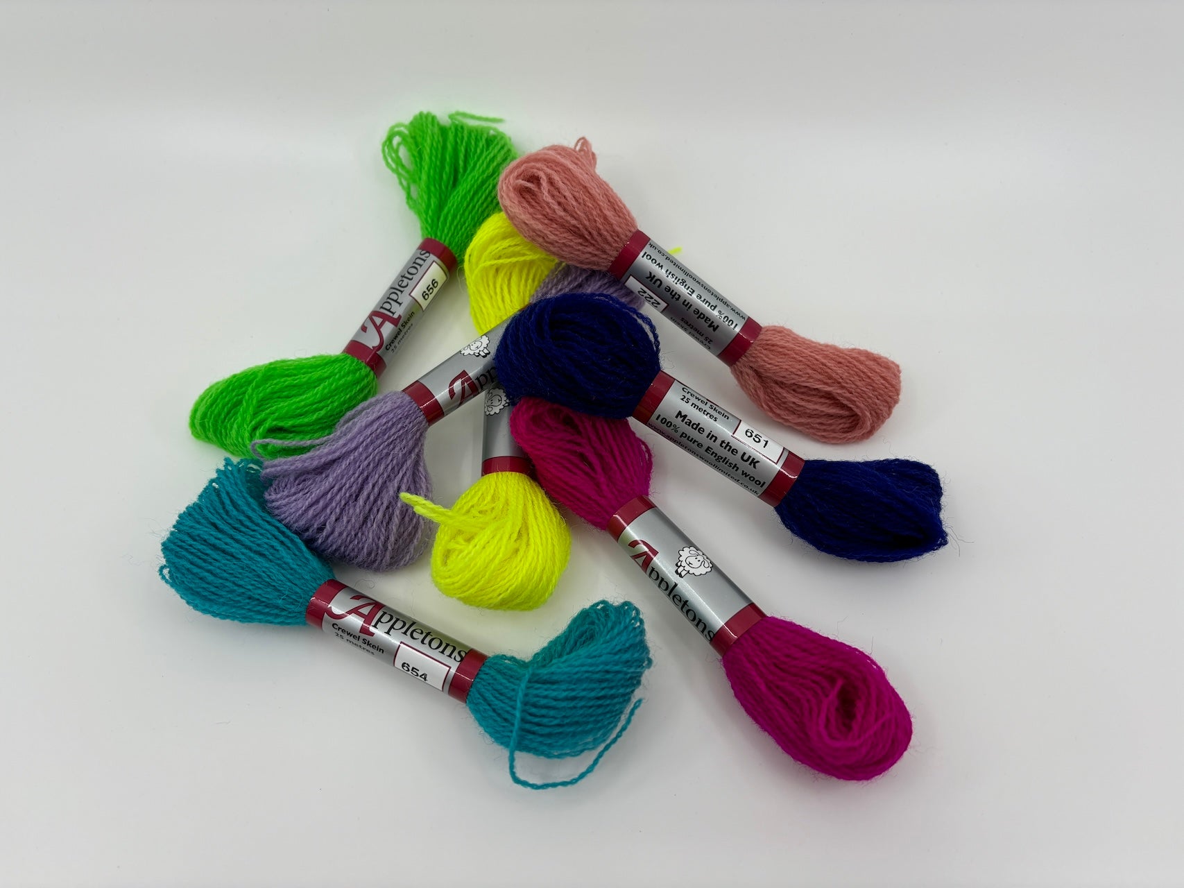 Hanks of crewel wool for embroidery in various colors