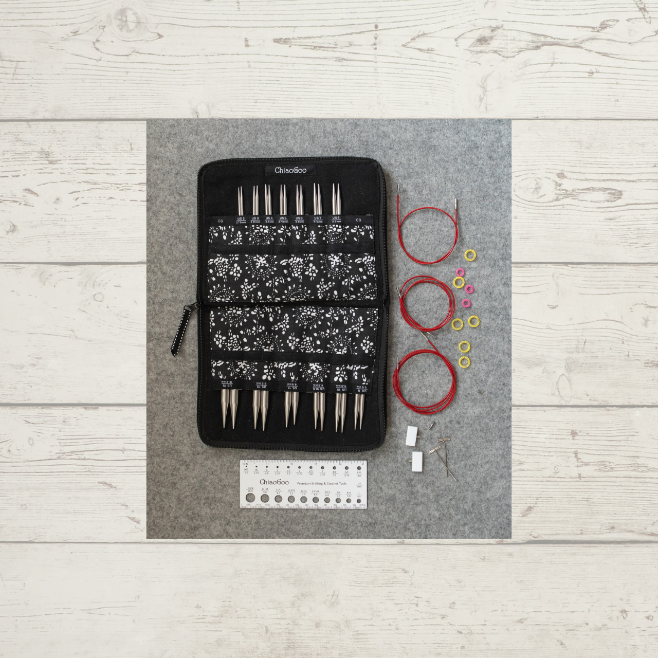 ChiaoGoo TWIST Red Lace Interchangeable Knitting Needle Set, shown open displaying all tips, cables, and accessories