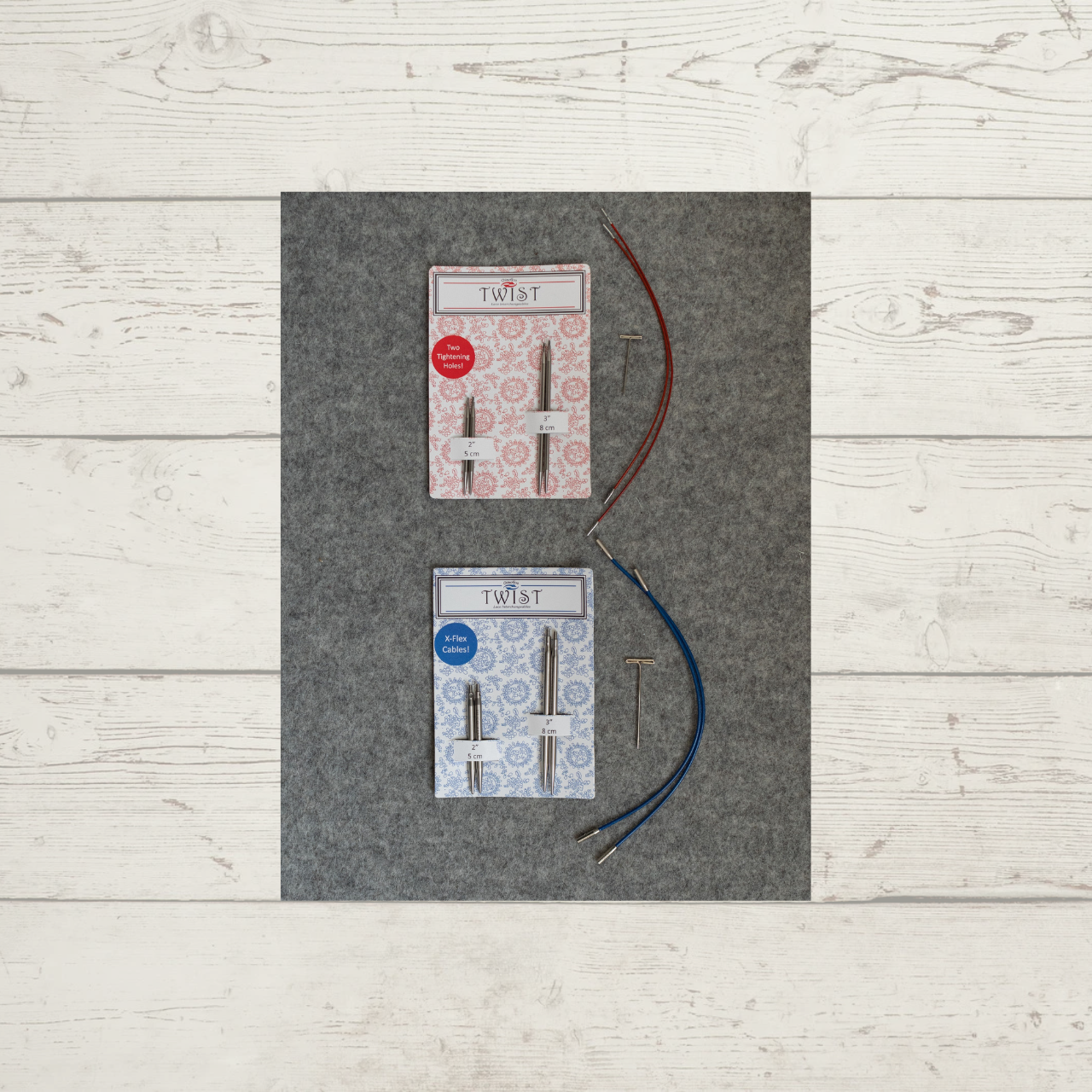 ChiaoGoo TWIST Short Combo Packs, shown with red cables and with blue cables