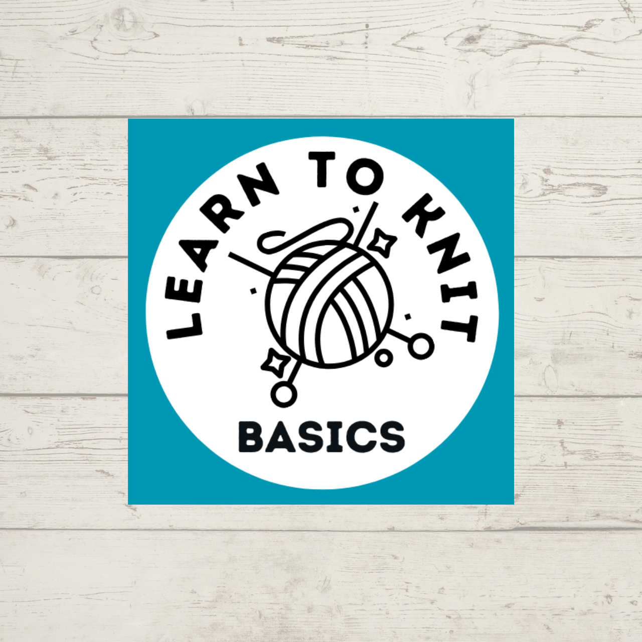 Learn to Knit Basics class -- picture shows a ball of yarn with knitting needles and sparkles