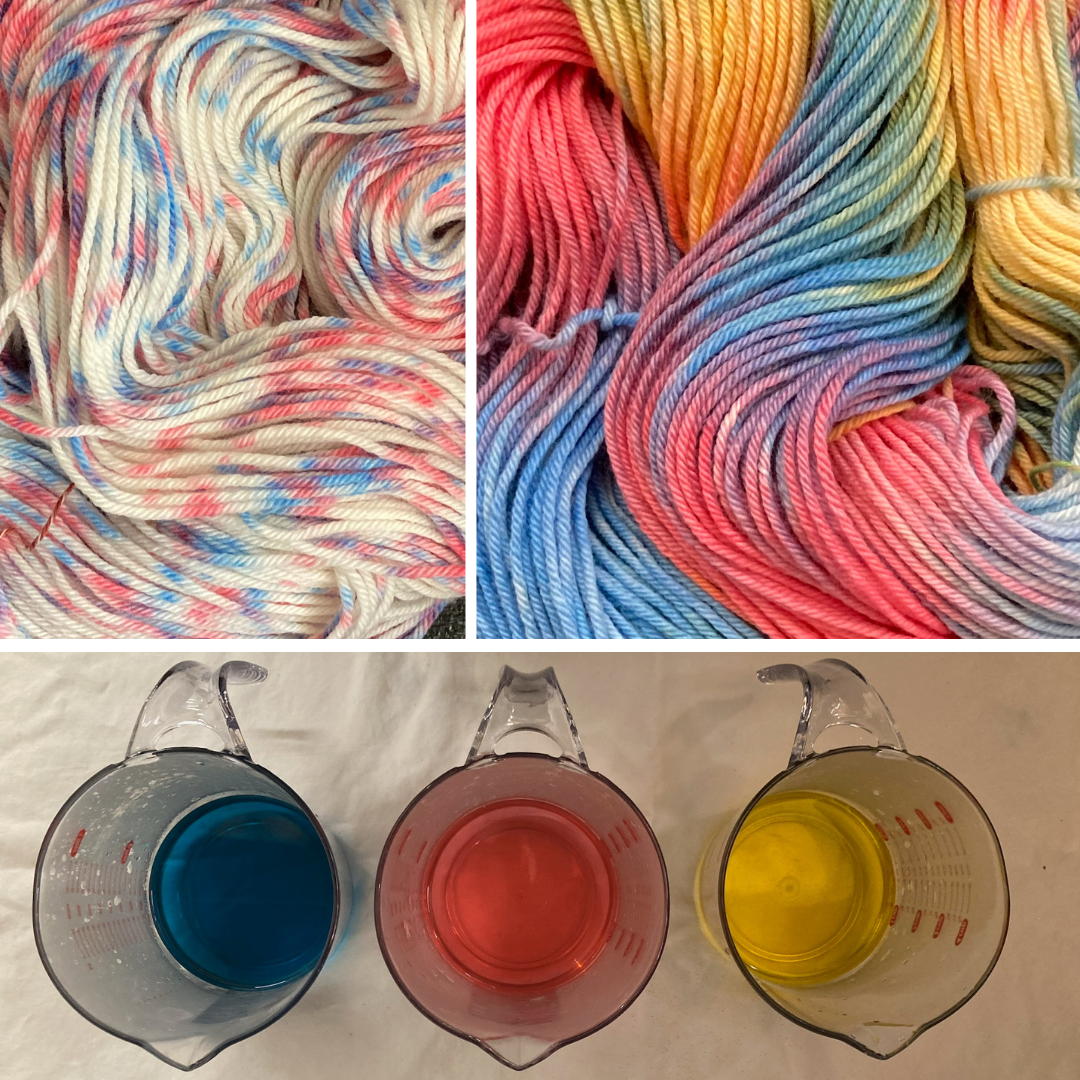 Collage showing painted yarn and pitchers of acid dyes
