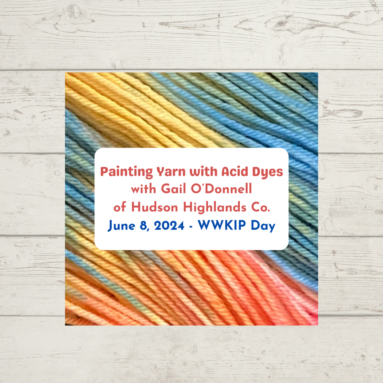 Painting Yarn with Acid Dyes with Gail O'Donnell of Hudson Highlands Co. -- June 8, 2024 -- WWKIP Day. Image shows brightly colored hand-dyed yarn.
