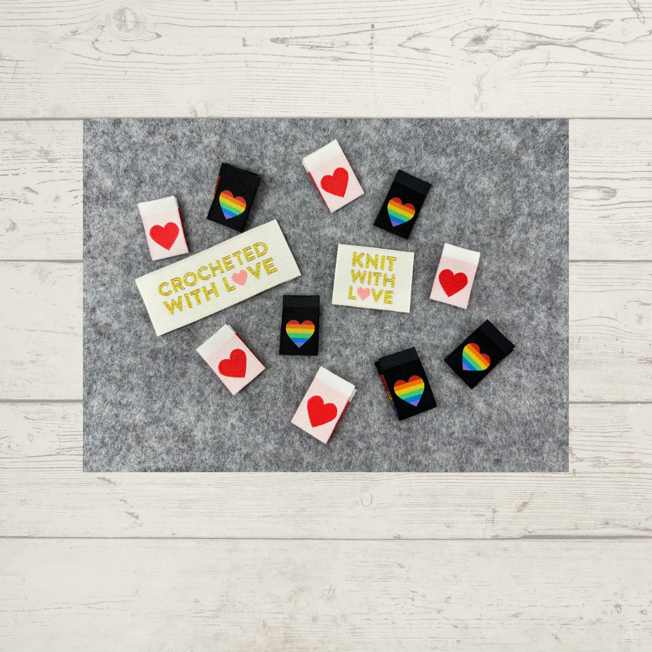 An assortment of colorful Sarah Hearts labels