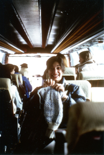 Carol on a bus traveling through East Germany, the moment her knitting 