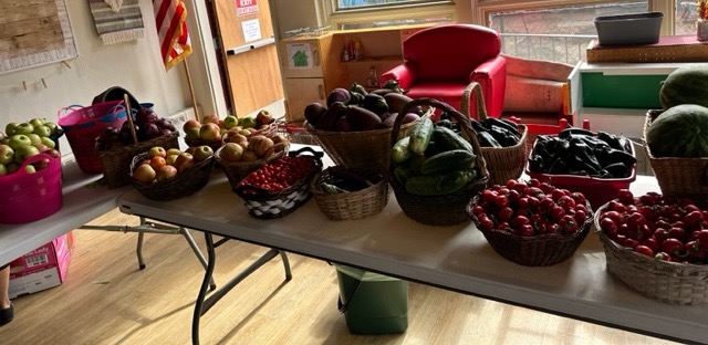 Baskets of fresh produce on tables at the Philipstown Food Pantry