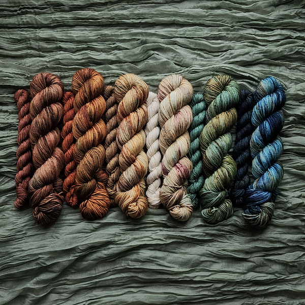 An array of yarn colorways dyed by Hailey Bailey